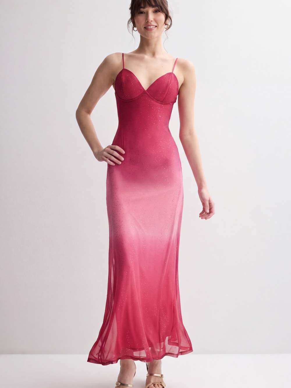 Ombre Pink Glitter Maxi Slip Dress with Spaghetti Straps